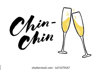 Glasses of champagne. Chin-Chin. Party illustration. Trendy flat style. Art for different purposes. Ready-to-use design template. Vector illustration.