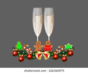 Glasses of champagne, Christmas toys decor