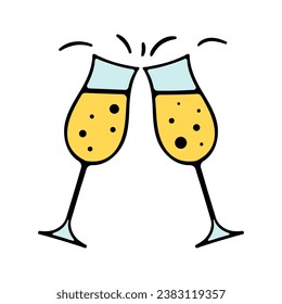 Glasses of champagne. Clinking, toasting. Decoration, decorate, christmas, new year, eve, december 25, winter, holiday atmosphere, celebrate, family celebration, traditions. Colorful icon