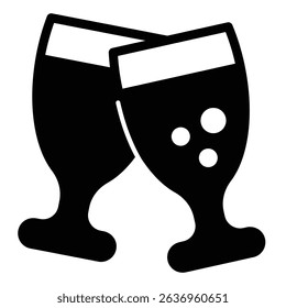 Glasses of champagne drink solid icon, happy christmas concept. Vector graphics. Champagne glasses clink sign on white background, style mobile or design