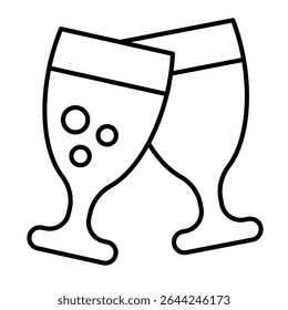 Óculos de champanhe bebem ícone de linha fina, conceito feliz de Natal. Gráficos vetoriais. Champagne óculos clink sinal no fundo branco, estilo móvel ou design