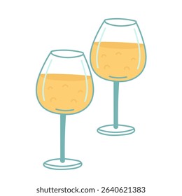 Glasses with champagne in flat cartoon design. Elegant glassware with dessert wine, delicious beverage or cocktail with fruit juice. Refreshing drink in summer bar. Vector illustration isolated.