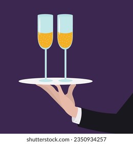 Glasses of champagne in full in the hands of a waiter. Christmas illustration