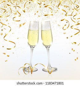 glasses with champagne and golden confetti on a light background