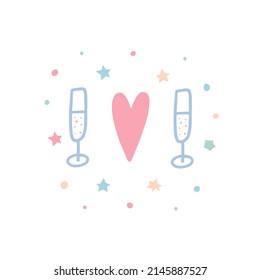 Glasses of champagne and heart in hand drawn style isolated o the white background. Festive design for greeting, party invitation, valentine's day card.