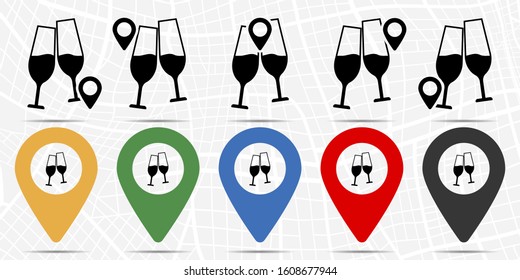 Glasses with champagne icon in location set. Simple glyph, flat illustration element of christmas theme icons