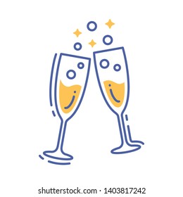 Glasses of champagne line color icon. Celebration of the festive event. Sign for web page, mobile app, banner, social media. Vector clipart, illustration template. Editable stroke.