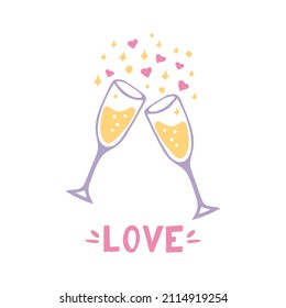 glasses with champagne and love text. hand drawn doodle style. template for card