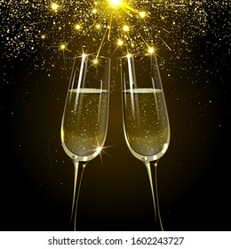 glasses of champagne on the background of a festive fireworks