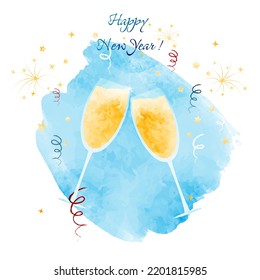 Glasses of champagne on the background of fireworks and serpentine. Watercolor vector greeting card for the new year.