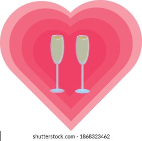 gafas con champán al fondo de los corazones rojos. Ilustración de material vectorial.