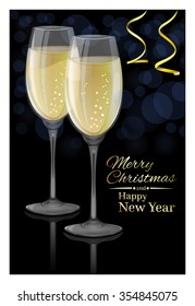 Glasses of champagne on a black background. Merry Christmas and Happy New Year. Vector Christmas card.