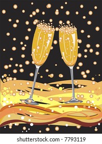 Glasses of champagne on black background