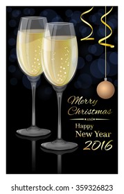 Glasses of champagne on a dark background. Merry Christmas and Happy New Year 2016. Vector Christmas card.