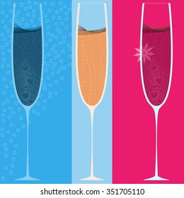 Glasses of champagne on a light background. Vector set.