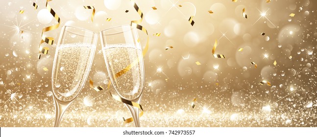 Glasses of champagne on light background with confetti. Vector illustration Glasses of champagne on light background with confetti. Vector illustration
