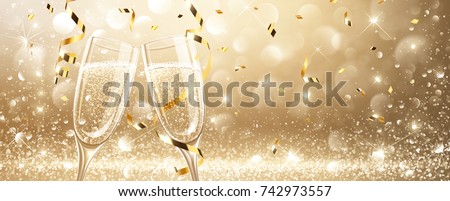 Glasses of champagne on light background with confetti. Vector illustration