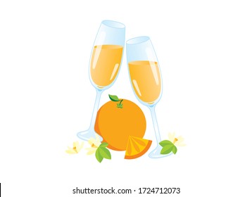 Glasses Of Champagne With Orange Icon Vector. Mimosa Celebratory Toast Vector. Mixed Drink With Orange Juice Icon. Mimosa Drink Icon Isolated On A White Background