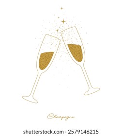 Glasses of champagne. Party cheers toast festive decoration. Trendy flat style. Vector illustration.