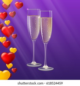 Glasses of champagne with rays of light on background. Champagne with bubbles in a wineglass, yellow and red hearts like Inflatable balloons dark on background with rays, 3D illustration