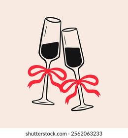 Glasses of champagne with a ribbon bow doodle style in coquette aesthetics. Vector element for greeting cards, birthday, wedding, party, banquet, event, Valentine's day, romantic dinner, scrapbooking