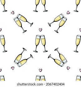 Glasses of champagne seamless doodle pattern. Cheers vector illustration on white background. Valentines day greeting card, anniversary celebration poster