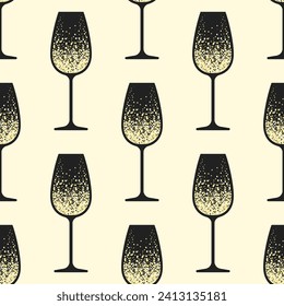 Glasses of champagne seamless pattern. Stylized black and beige textured drawings on beige background. Best for textile, wallpapers, wrapping paper, package and bar decoration.