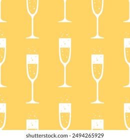 Glasses of champagne seamless pattern. White minimal drawings on beige background. Best for textile, wallpapers, wrapping paper, package and bar decoration.