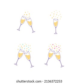gafas con el icono del set de champán. estilo doodle dibujado a mano. 