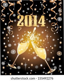 glasses of champagne and streamer 2014 on yellow background 