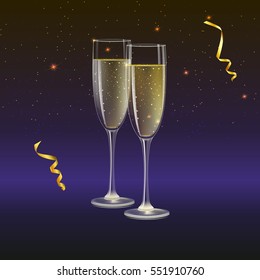 Glasses of champagne and streamer with rays of light on background. Champagne with bubbles in a wineglass with place for your text