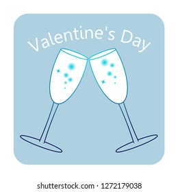 Glasses with champagne for Valentine's Day on a blue background. Romantic vector illustration.