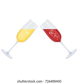 Glasses of champagne vector. Festive sparkling wine on white background. Kitchen utensils, kitchen accessories and utensils. Flat vector cartoon illustration. Objects isolated.