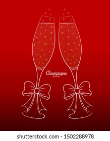 Glasses with champagne white outline with a bow on a red background