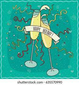 Glasses of champagne or wine collide in air, liquid in containers, splashing, festive ribbons and confetti fly. Happy Holiday lettering on strip. Hand drawn comic style. Vector illustration