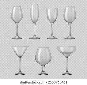 Glasses of champagne, wine and martini drinks on transparent background in realistic design. Vector wine glasses for bar alcohol drinks, goblets for beer and margarita, whiskey party glass