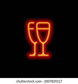 Glasses of champagne or wine, simple icon. Orange neon style on black background. Light linear icon with editable stroke