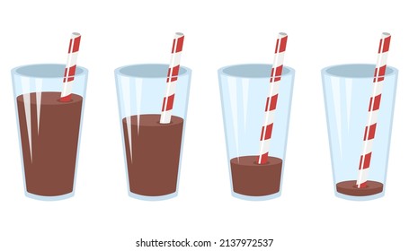 Glasses of chocolate drinks flat vector illustrations set. Cartoon drawings of cups with cocoa, chocolate milk, cocktail or milkshake with straw on white background. Beverage, food, dessert concept