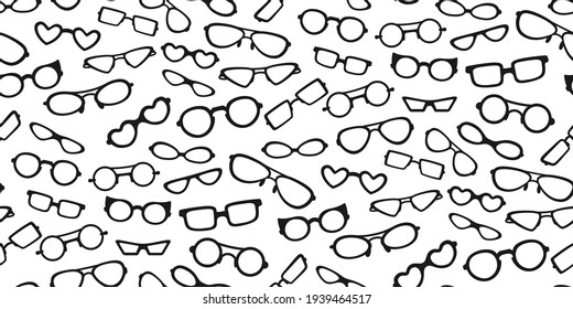 Glasses classic shape stylish black silhouette seamless pattern. Rim glasses, spectacle frame and eyewear. Fashion woman or man glasses, hipster optical texture. Isolated wallpaper vector illustration