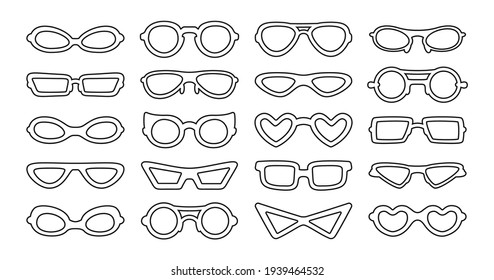 Glasses classic shape stylish black line set. Rim glasses, spectacle frame and eyewear. Fashion woman and man glasses, hipster or geek spectacles optical. Hand drawn Isolated vector illustration
