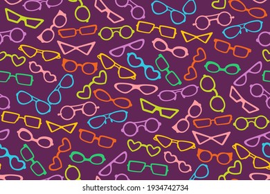 Gafas de formas clásicas y diseño de la silueta de color sin costura. Gafas, marco de espectáculo y anteojos. Gafas de moda para mujeres o hombres, textura óptica hipster. Ilustración vectorial de papel pintado aislado