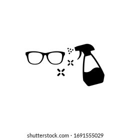 Glasses cleaning black isolated vector icon. Glasses with cleaner disinfectant symbol.