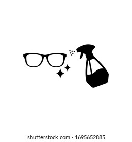 Glasses cleaning black isolated vector icon. Eyeglasses with cleaner disinfectant symbol.