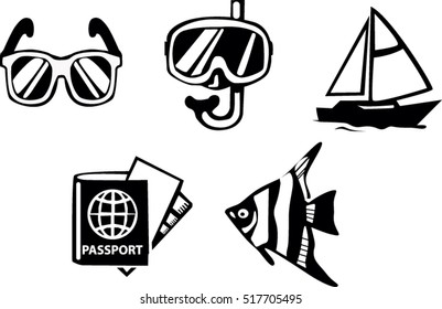 Glasses, coach, sailboat, passport, angel fish icon set