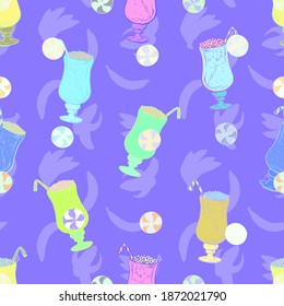 Glasses with cocktails, bananas and candies on a purple background. Seamless pattern. Vector repeating decor.