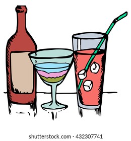 glasses with cocktails and bottles on a white background vector image