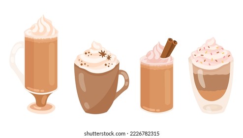 Glasses with cocktails or coffee drinks vector illustrations set. Glass cups with brown liquid, whipped cream, cinnamon sticks or sprinkles on top on white background. Beverage, coffee shop concept