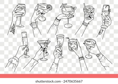 Glasses with cocktails and drinks in female hands who bought cold alcoholic drink at bar. Delicious cocktails with pieces of fruit and mint leaves for partygoers in nightclub. Hand drawn doodle