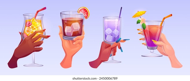 Glasses with cocktails in human hands. Cartoon vector illustration set of male and female arms holding different alcohol drinks in cups with straw, ice cubes and fruits. Party toast and cheers concept