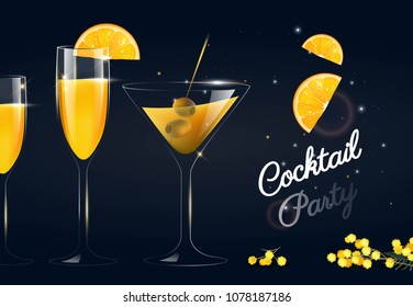 Glasses of cocktails on dark background. Vector illustration